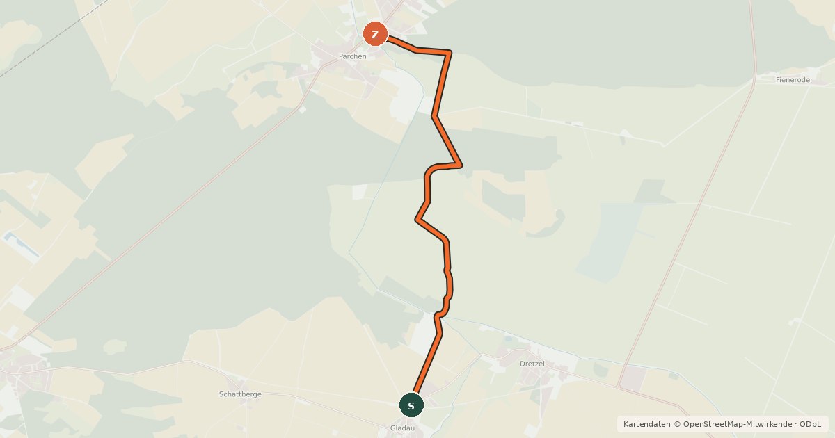 Kartenübersicht der Radroute 10-61 Gladau N-Parchen NO
