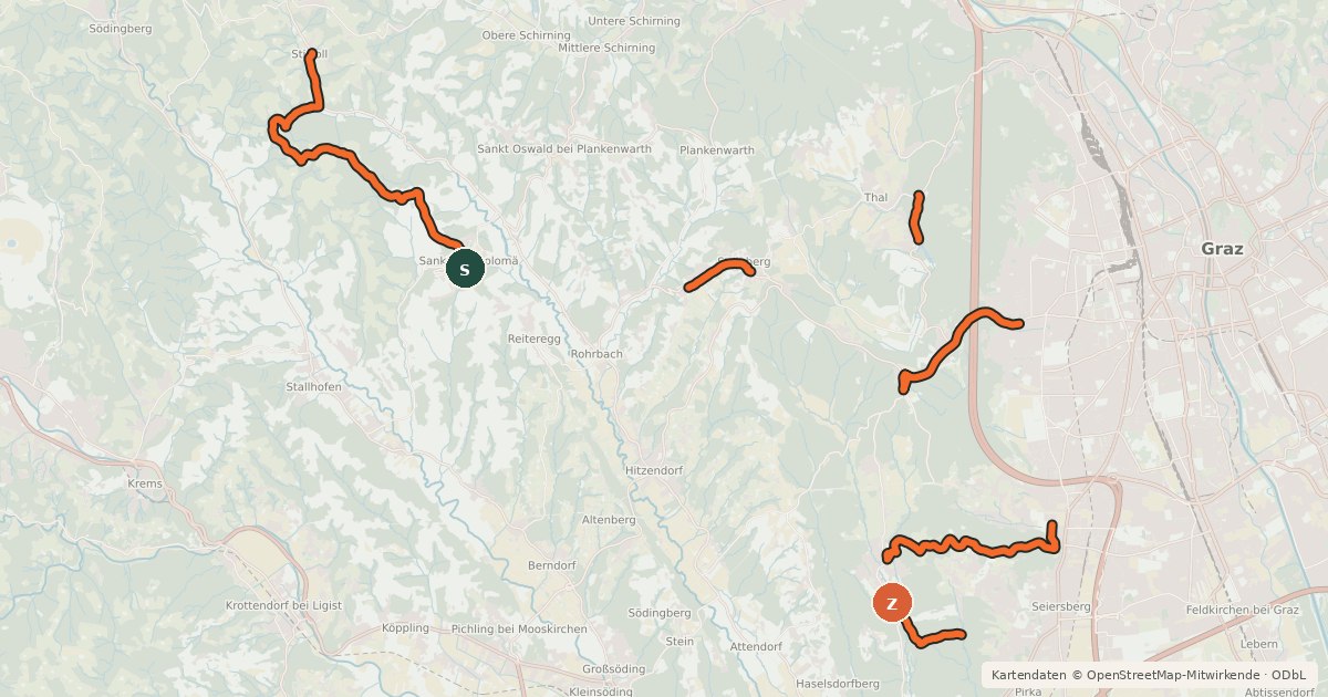 Kartenübersicht der Radroute 10 vor Graz Genusstour, Approaches