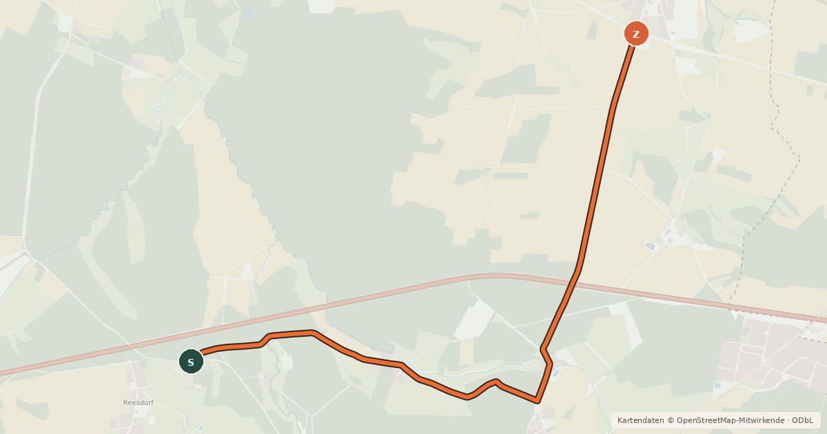 Kartenübersicht der Radroute 17-53 Reesdorf NO-Paplitz