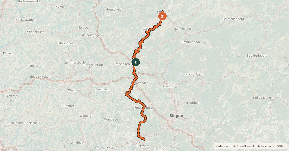 Kartenübersicht der Radroute 2 Länder-Tour Sieg-Bigge-Radweg
