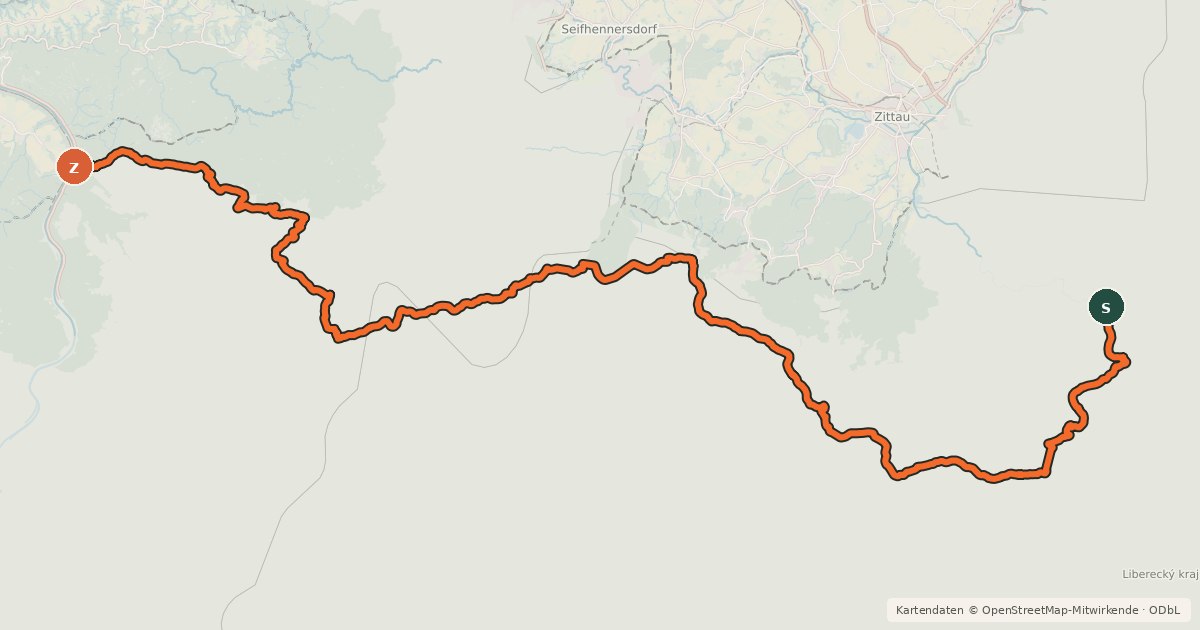 Kartenübersicht der Radroute 21 Chrastava - Hřensko