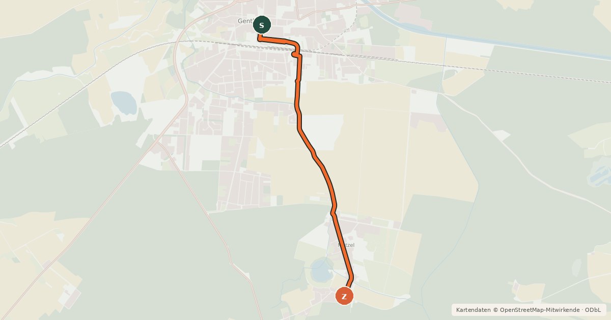 Kartenübersicht der Radroute 23-65 Genthin Zentrum - Mützel