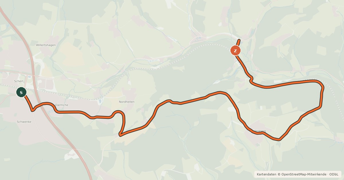 Kartenübersicht der Radroute (35) Meinerzhagen - (37) Meinerzhagen–Valbert