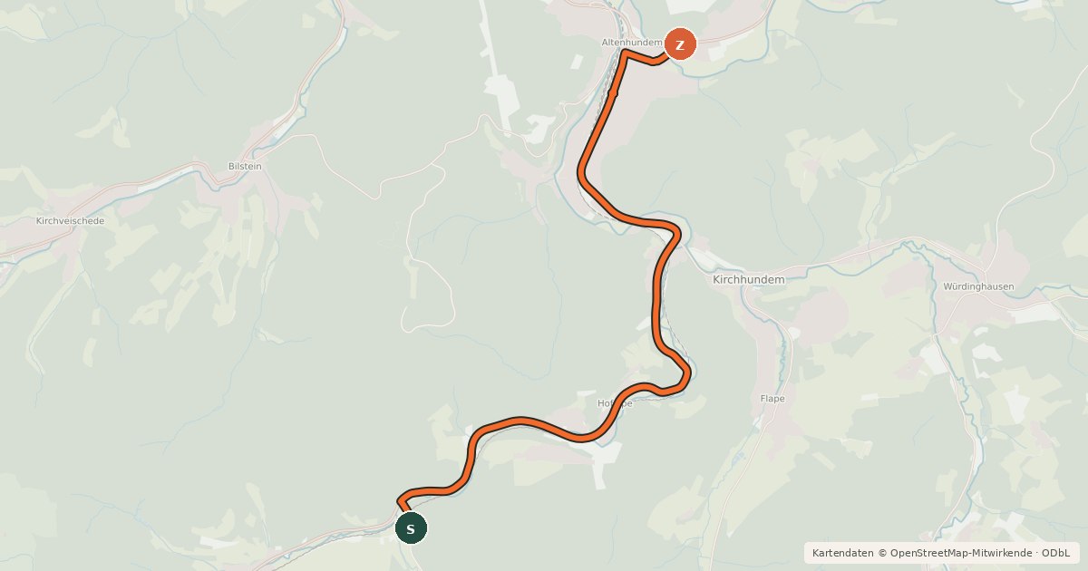 Kartenübersicht der Radroute (36) Kirchhundem-Abzweig Welschen Ennest - (37) Lennestadt-Altenhundem