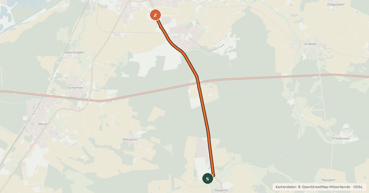 Kartenübersicht der Radroute 40-52 Stegelitz NW-Burg SO