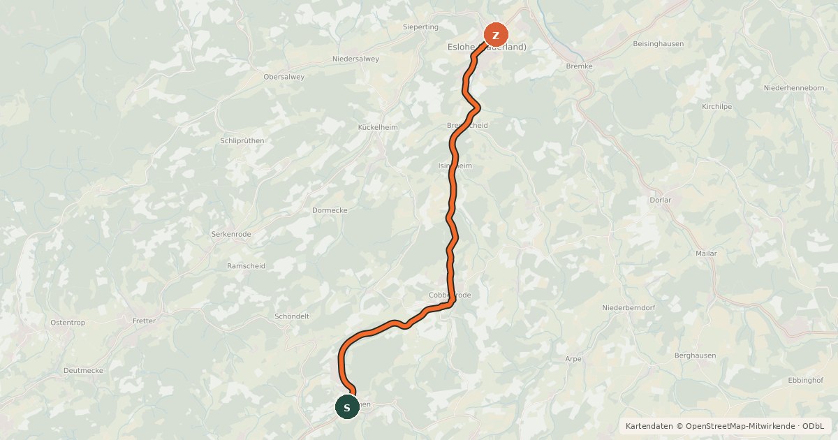 Kartenübersicht der Radroute (40) Lennestadt-Oedingen - (43) Eslohe