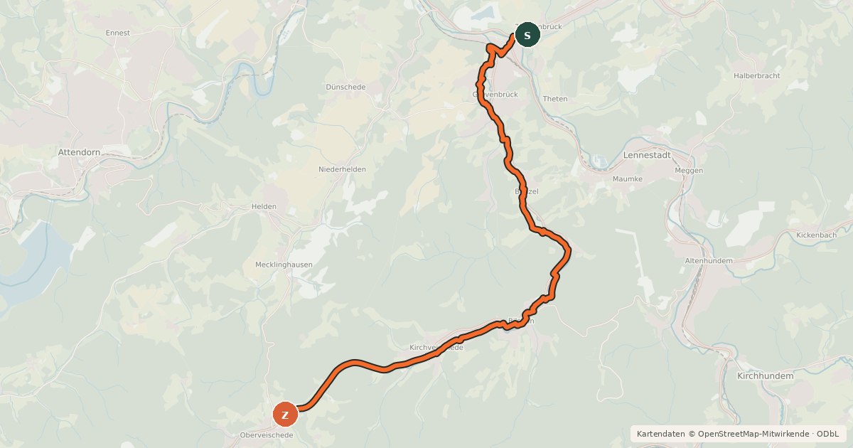 Kartenübersicht der Radroute (41) Lennestadt-Trockenbrück - (42) Olpe-Oberveischede