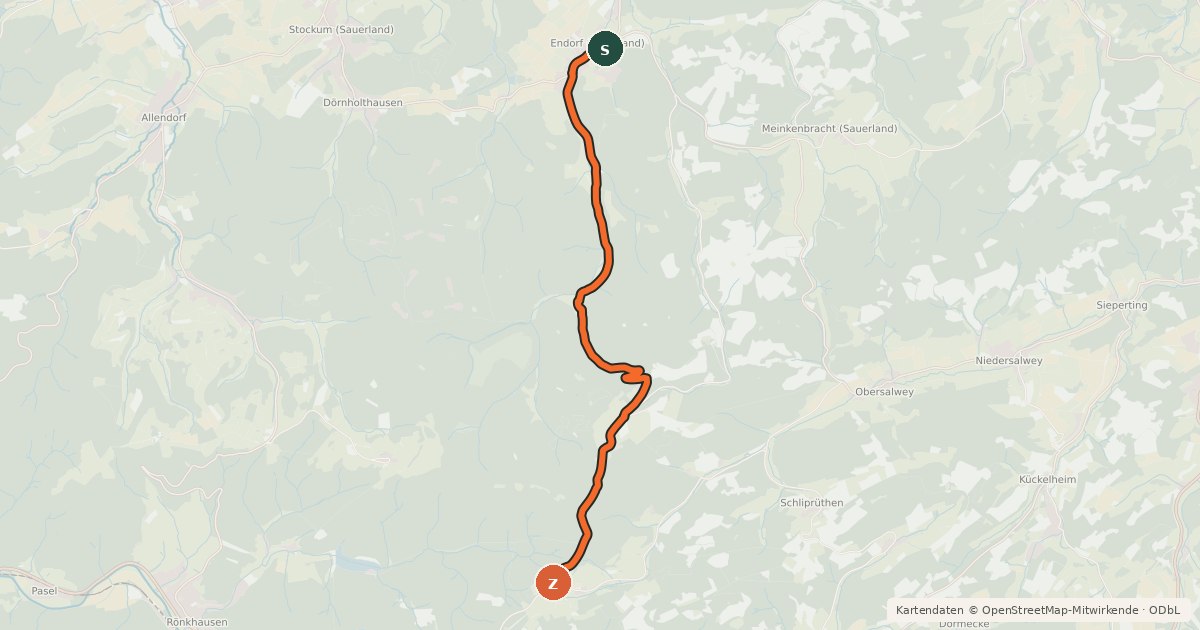 Kartenübersicht der Radroute (41) Sundern-Endorf - (53) Finnentrop-Faulebutter
