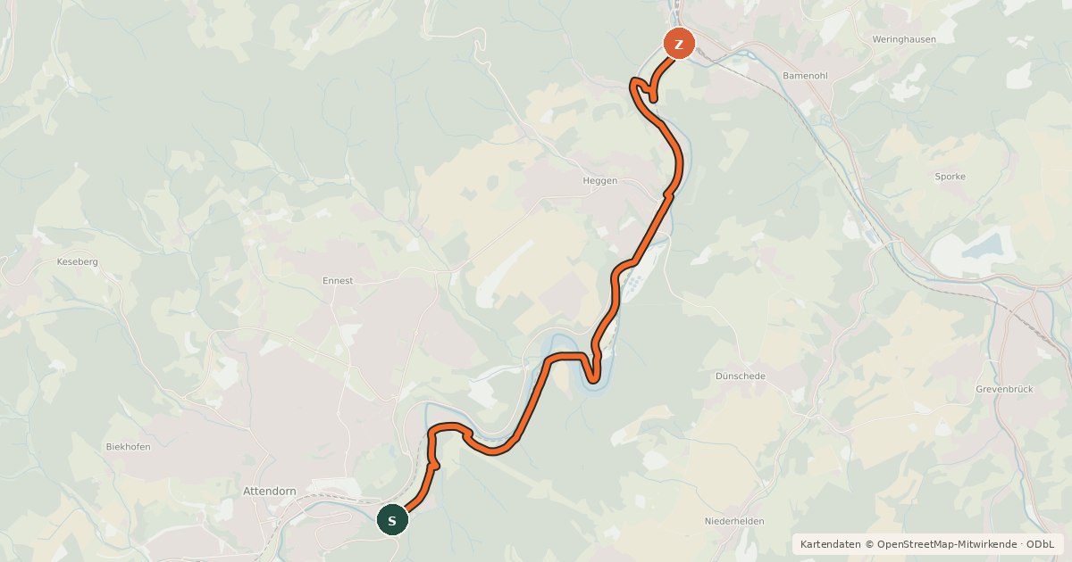Kartenübersicht der Radroute (45) Attendorn-Schnellenberg - (48) Finnentrop-Biggemündung