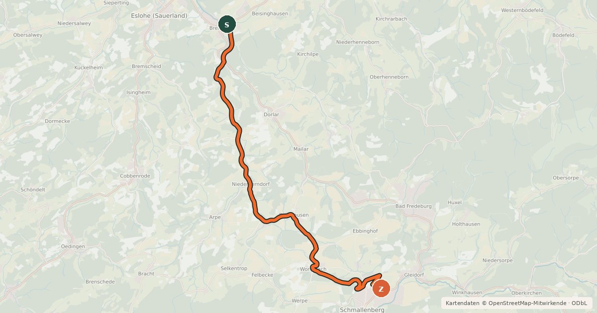 Kartenübersicht der Radroute (45) Eslohe-Bremke - (46) Schmallenberg