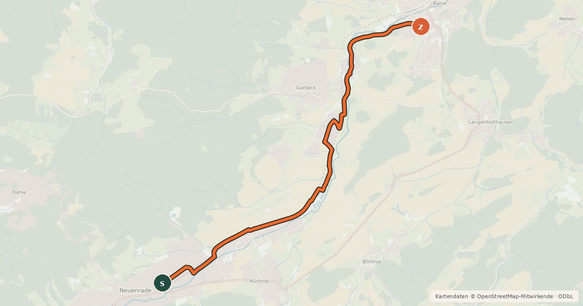 Kartenübersicht der Radroute (47) Neuenrade - (66) Balve