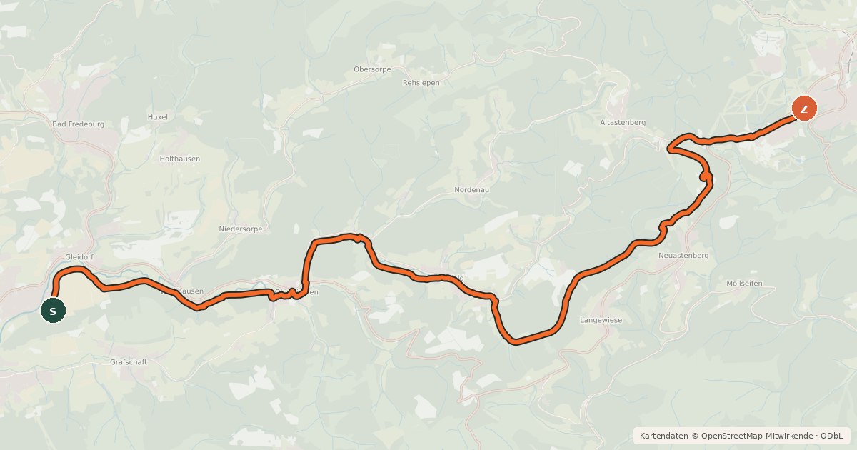 Kartenübersicht der Radroute (47) Schmallenberg-Ohlenbach - (57) Winterberg