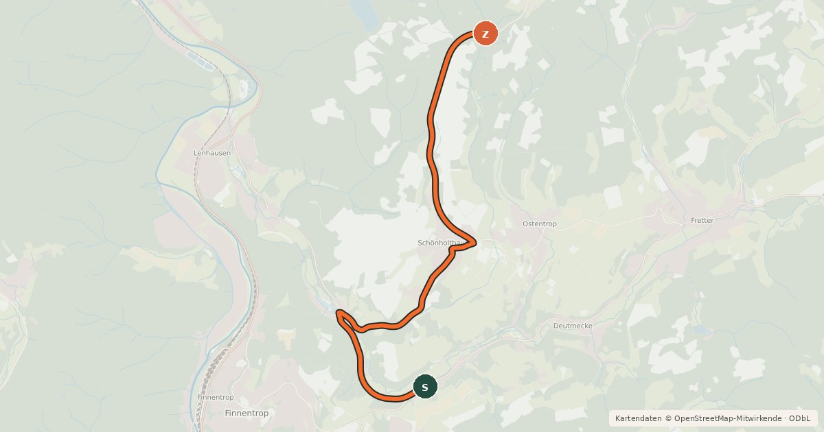 Kartenübersicht der Radroute (49) Finnentrop-Frettermühle - (52) Finnentrop-Glingestraße