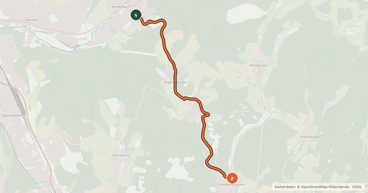 Kartenübersicht der Radroute (52) Kreuztal-Kredenbach - (54) Netphen-Eckmannshausen