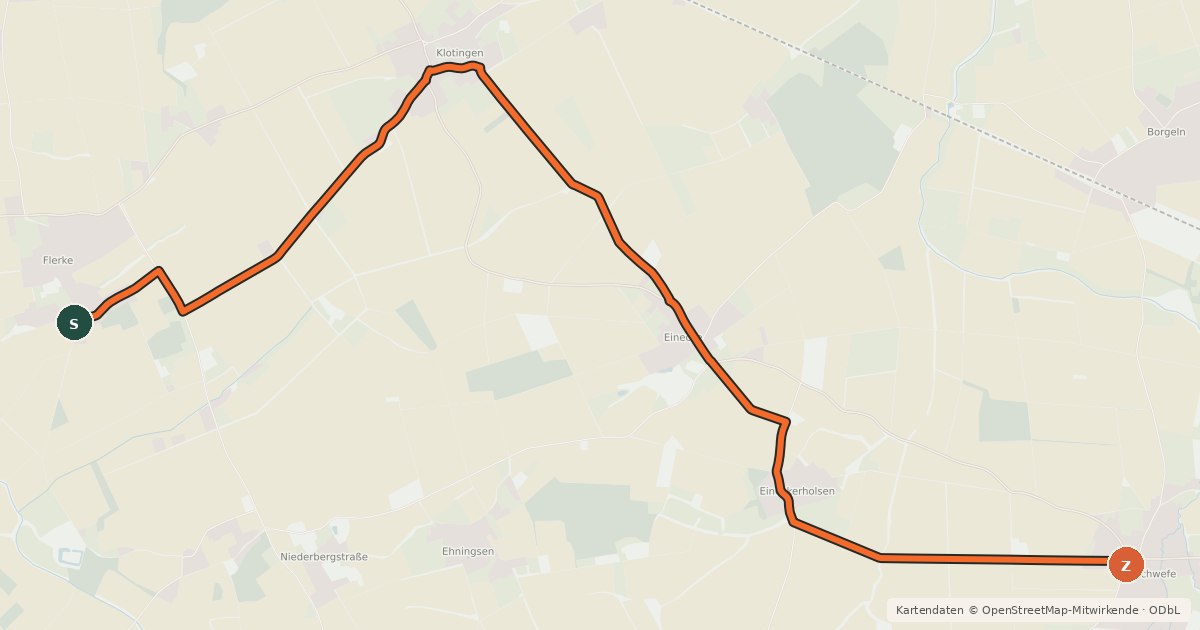 Kartenübersicht der Radroute (54) Welver-Flerke - (55) Welver-Schwefe