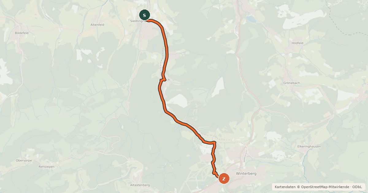 Kartenübersicht der Radroute (54) Winterberg-Siedlinghausen - (57) Winterberg
