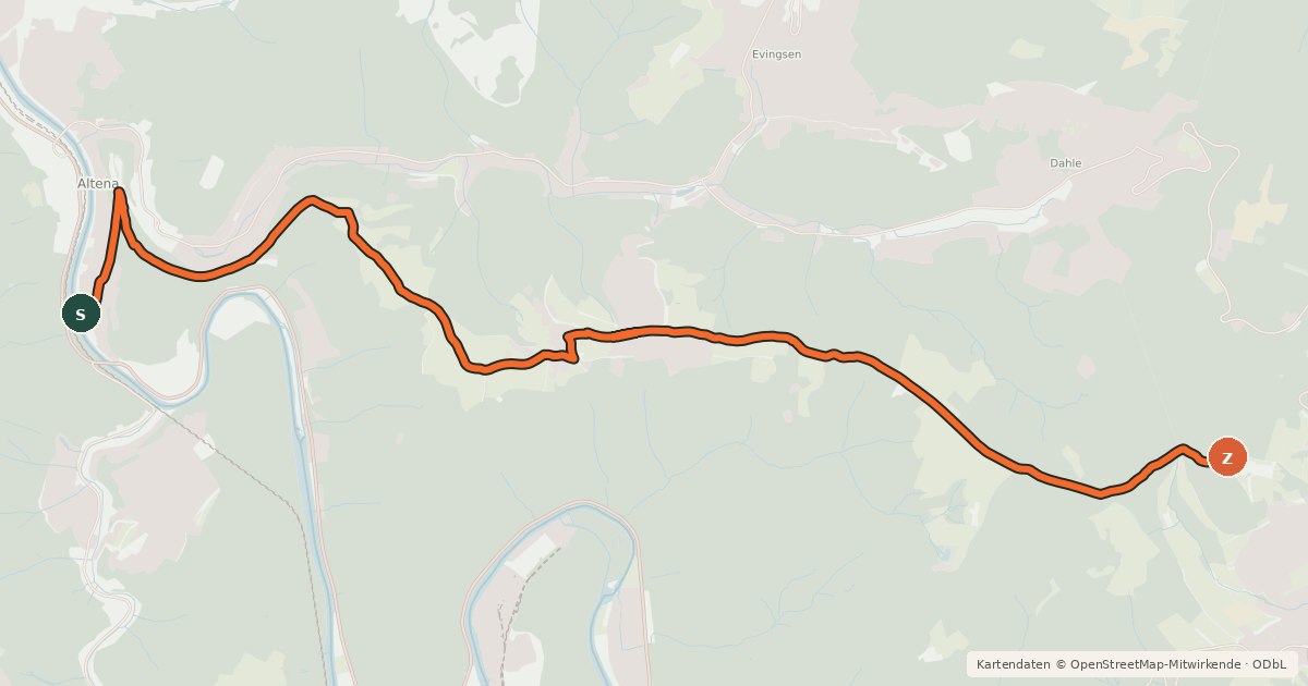 Kartenübersicht der Radroute (57) Altena - (60) Neuenrade