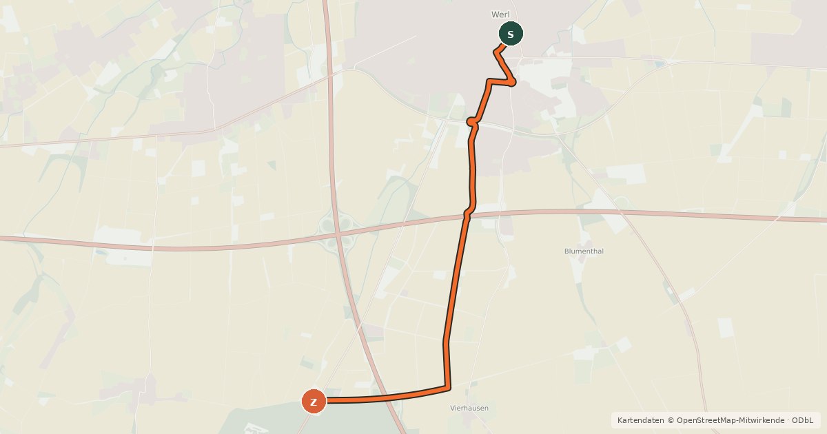 Kartenübersicht der Radroute (57) Werl - (81) Werl-Stadtwald