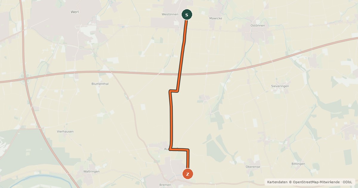 Kartenübersicht der Radroute (58) Werl-Westönnen - (78) Ense-Bremen
