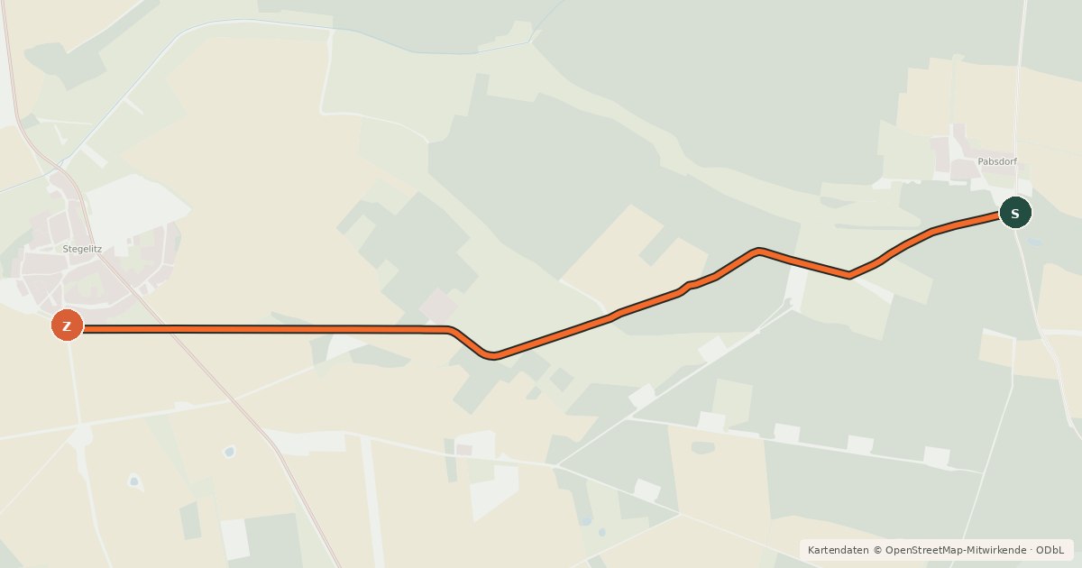 Kartenübersicht der Radroute 60-72 Pabsdorf SO-Stegelitz S