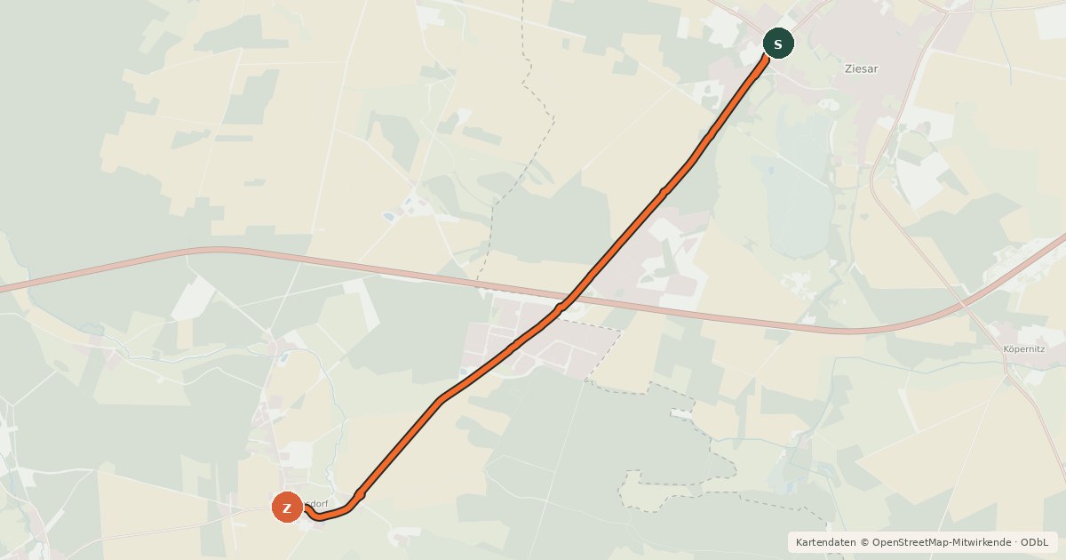 Kartenübersicht der Radroute 64-73 Ziesar-Schopsdorf
