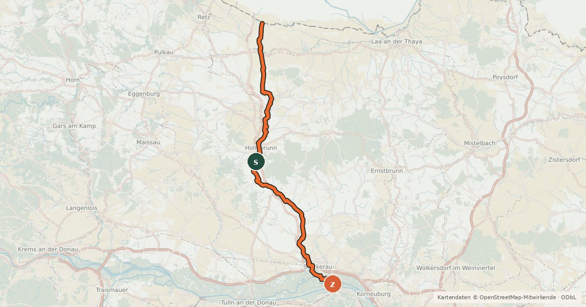 Kartenübersicht der Radroute 83 Stockerau - Haugsdorf