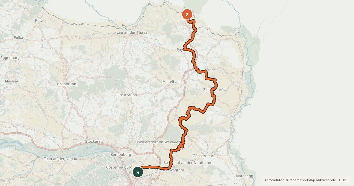 Kartenübersicht der Radroute 91 Marchfeldkanal - Drasenhofen