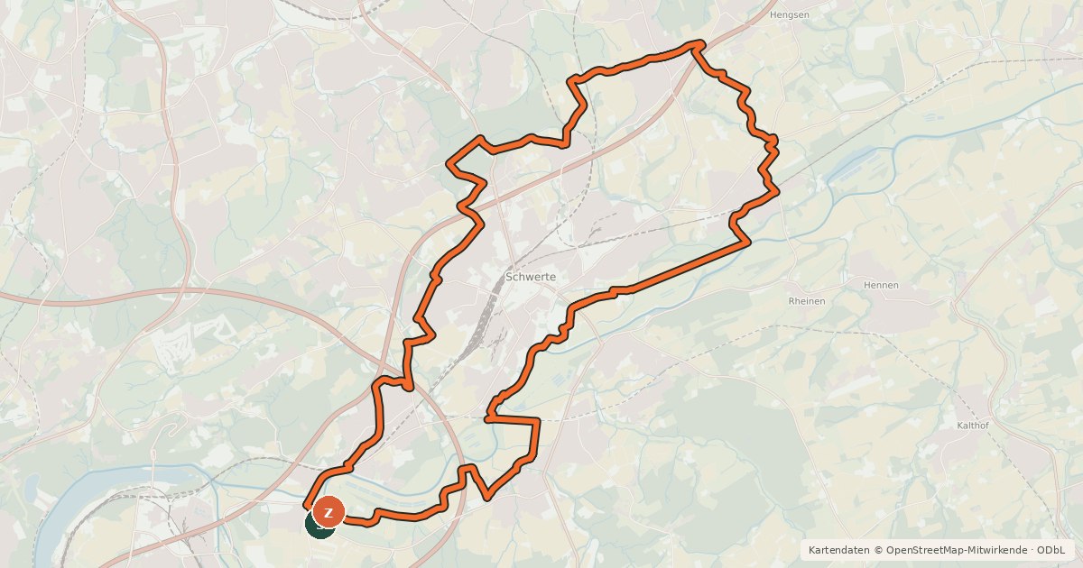 Kartenübersicht der Radroute A10 Unna