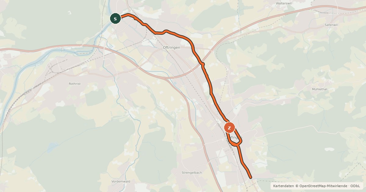 Kartenübersicht der Radroute Aarburg-Zofingen