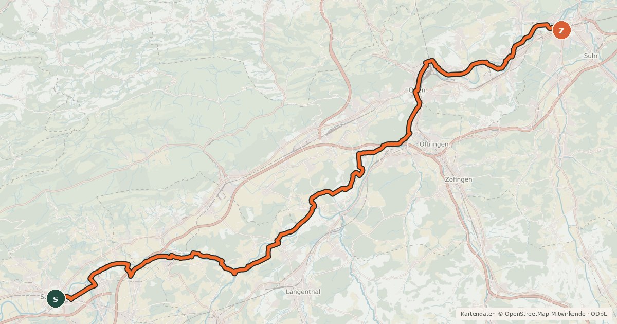 Kartenübersicht der Radroute Aare-Route