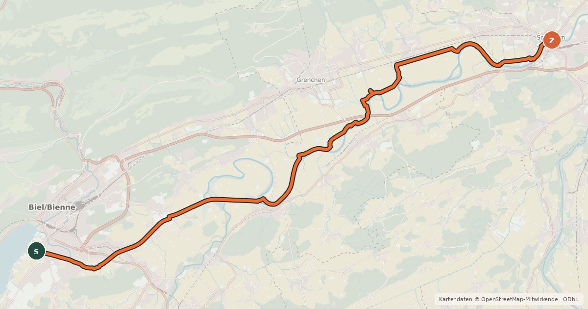 Kartenübersicht der Radroute Aare-Route