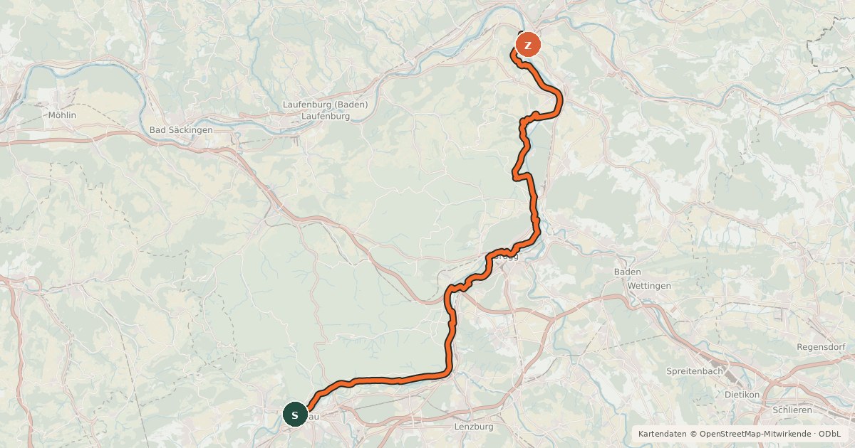 Kartenübersicht der Radroute Aare-Route