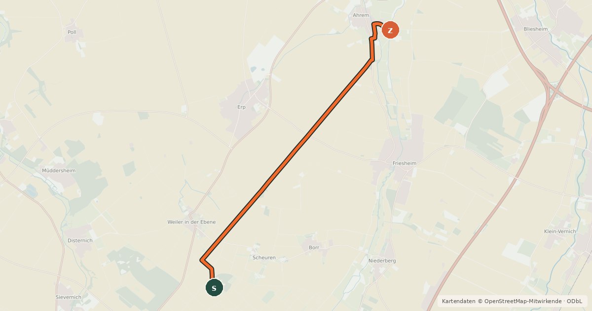 Kartenübersicht der Radroute Ahrem (19) - Burg Boulich (50)