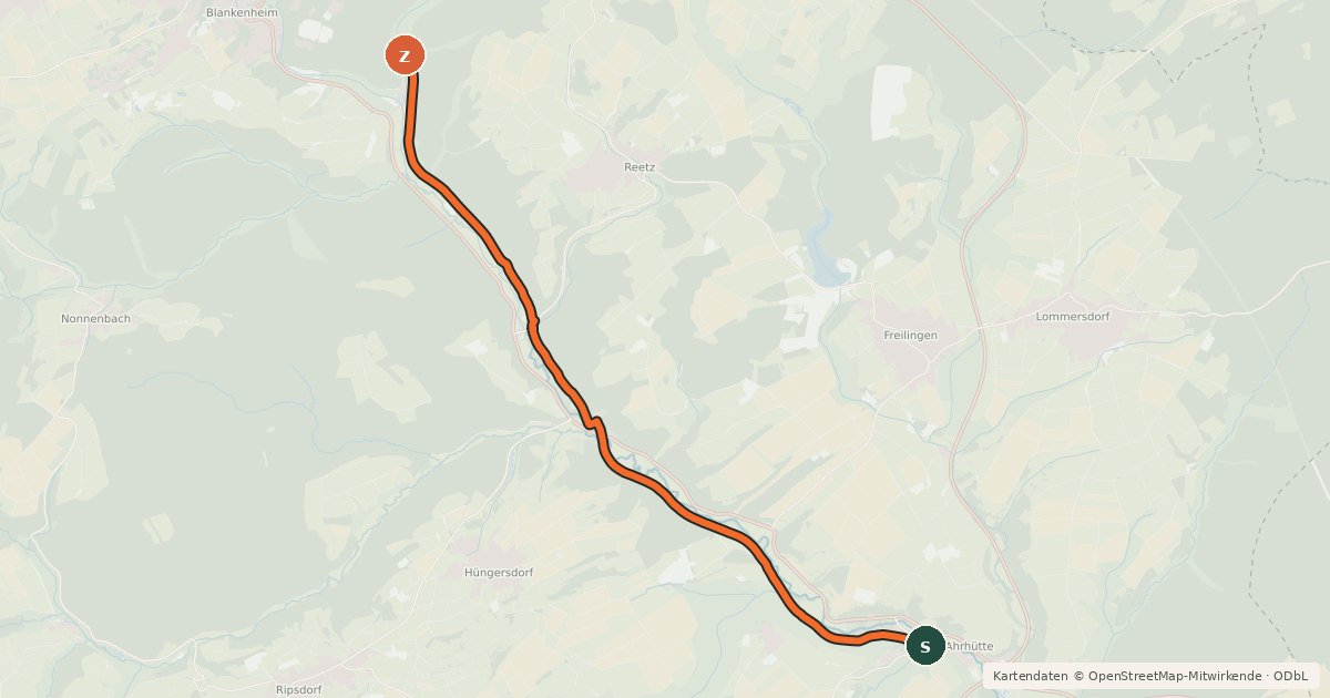 Kartenübersicht der Radroute Ahrhütte (67) - Blankenheim (70)