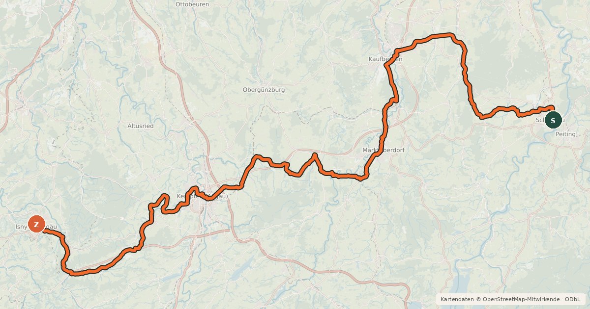 Kartenübersicht der Radroute Allgäu-Radweg