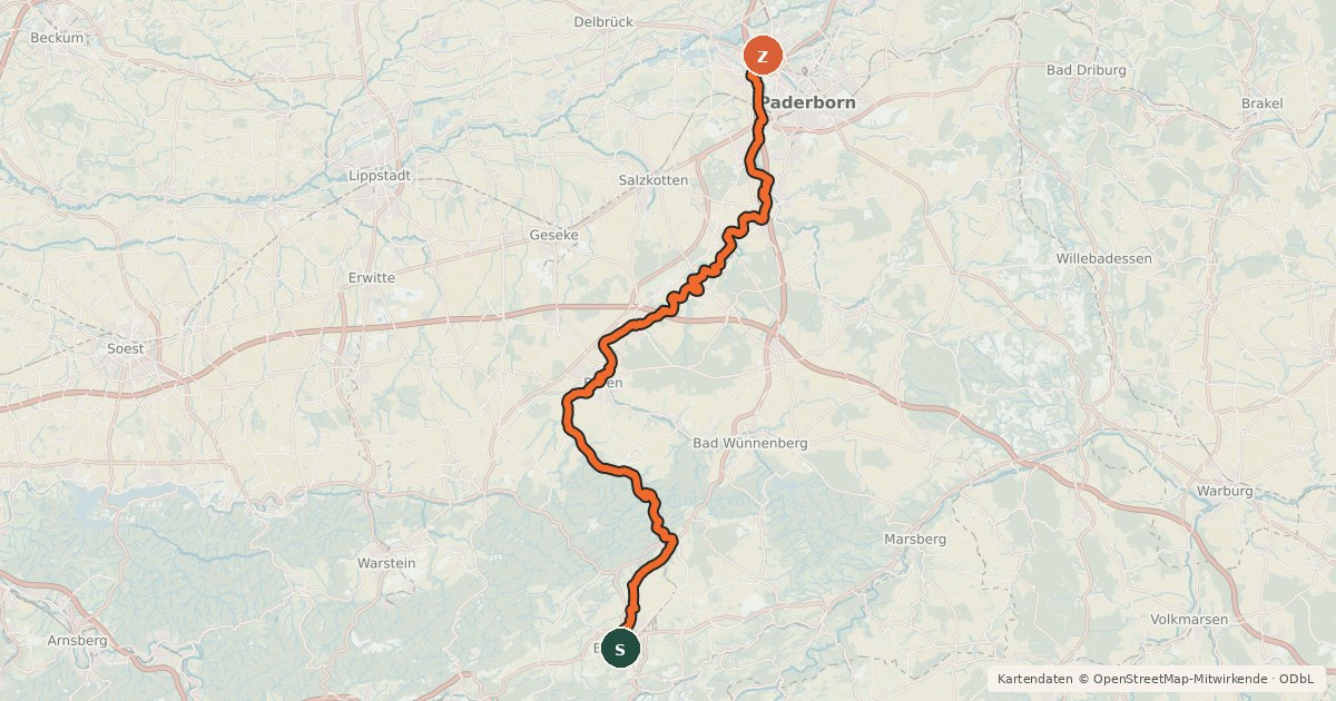 Kartenübersicht der Radroute Alme-Radweg