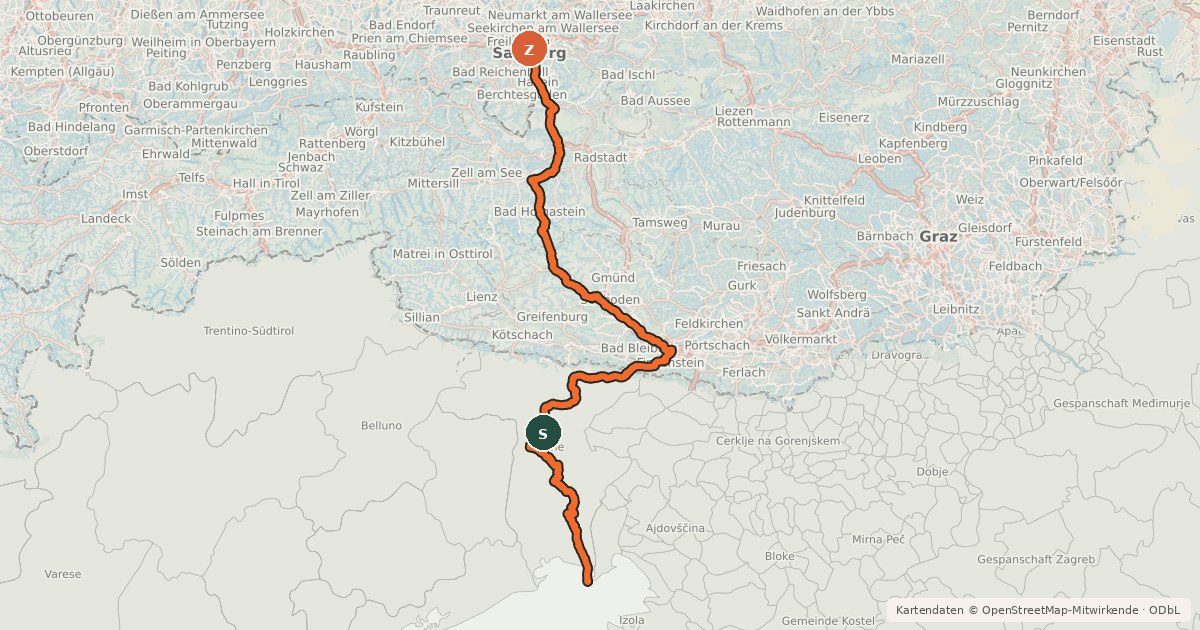 Kartenübersicht der Radroute Alpe Adria Bicycle Route (Osoppo var)