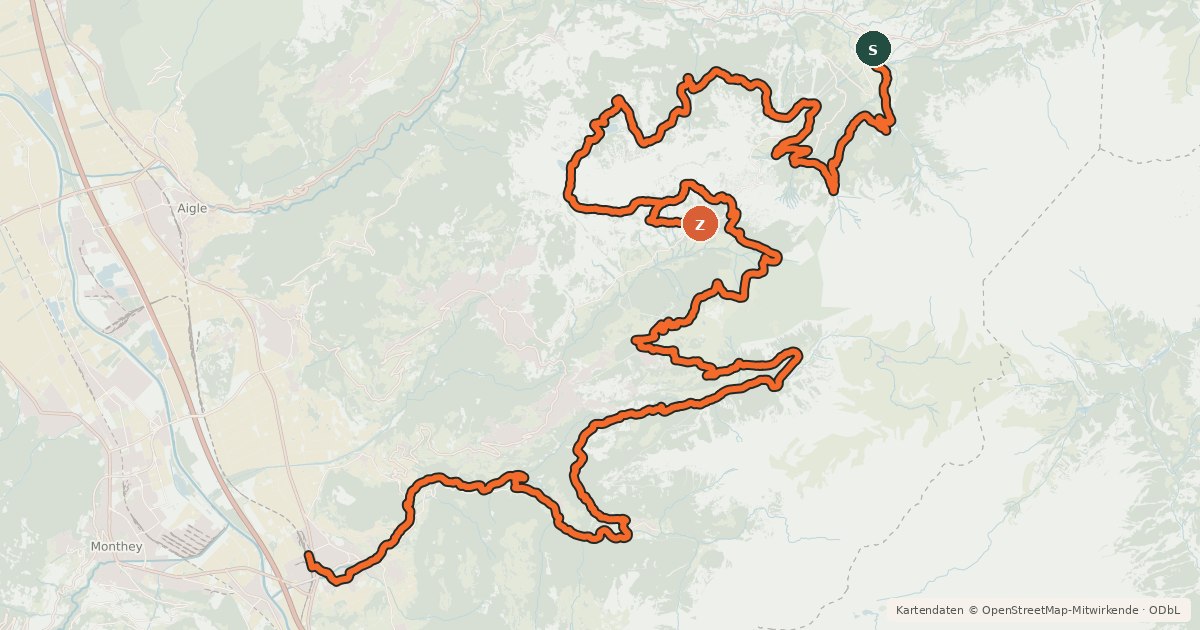 Kartenübersicht der Radroute Alpes de la Région du Léman Bike (Stage 2, Les Diablerets - Bex)