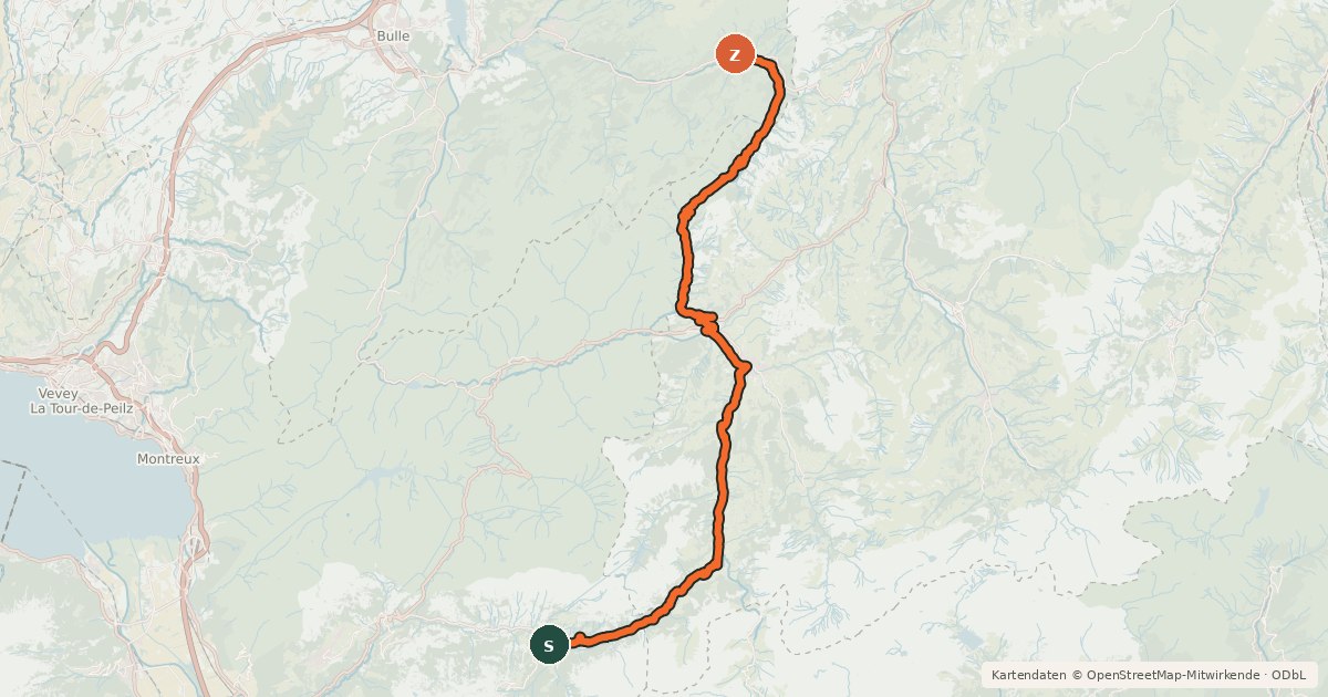 Kartenübersicht der Radroute Alpes vaudoises-Pays de Fribourg