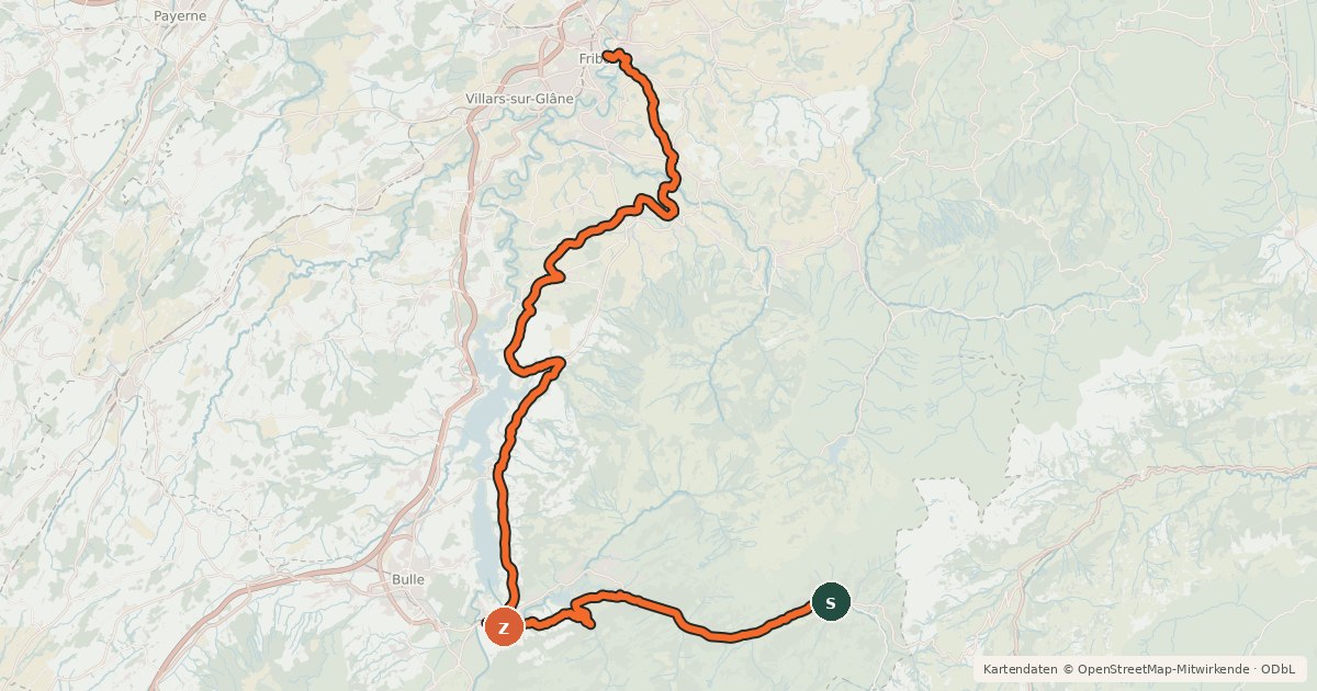 Kartenübersicht der Radroute Alpes vaudoises-Pays de Fribourg