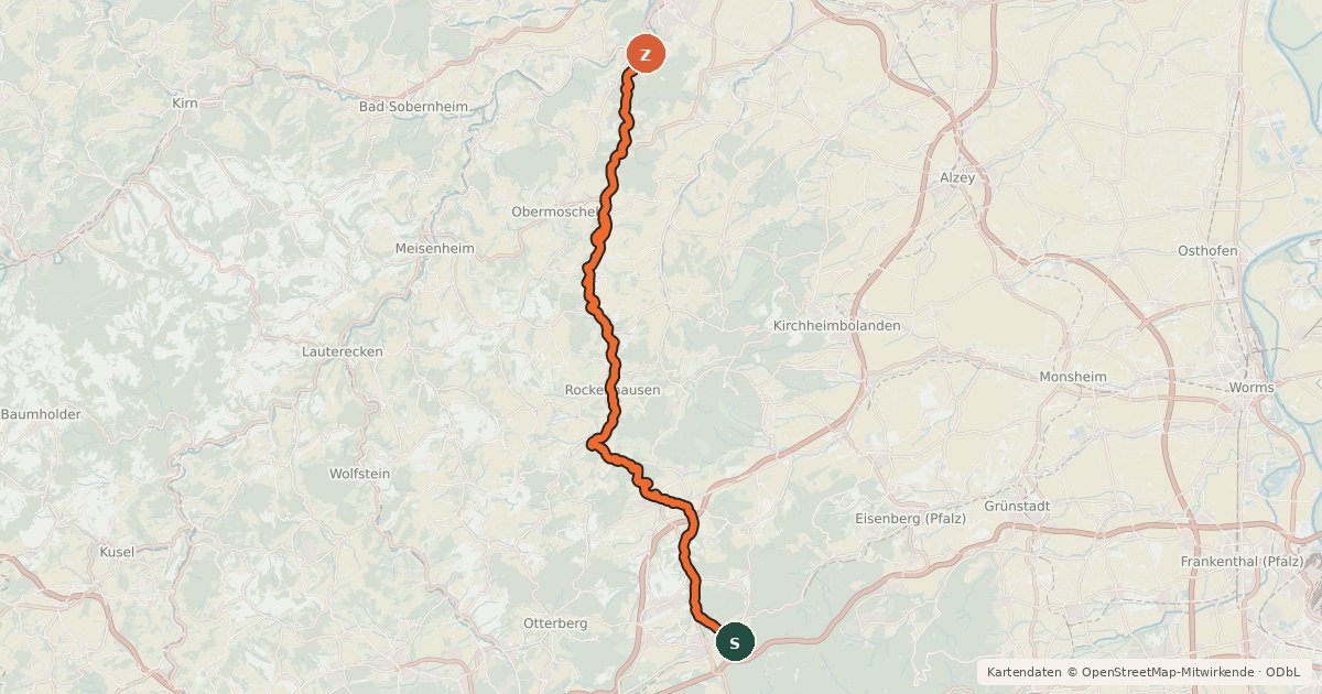 Kartenübersicht der Radroute Alsenz-Radweg