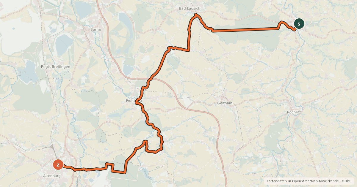 Kartenübersicht der Radroute Altenburg–Colditz-Radroute