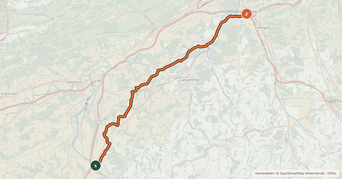 Kartenübersicht der Radroute Alter Bernerweg