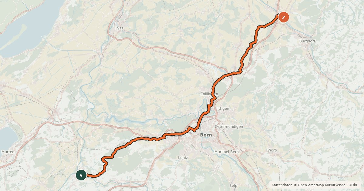 Kartenübersicht der Radroute Alter Bernerweg