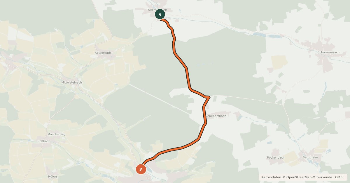 Kartenübersicht der Radroute Altershausen - Münchsteinach