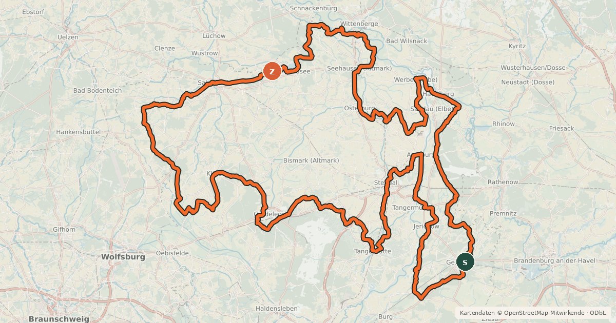 Kartenübersicht der Radroute Altmarkrundkurs