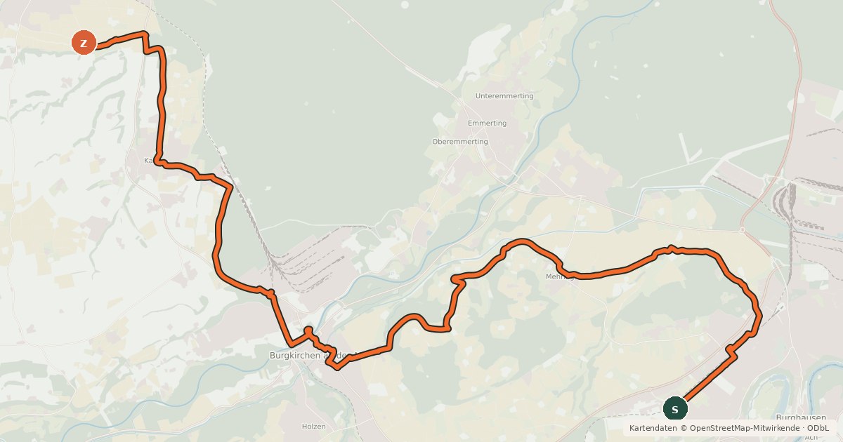 Kartenübersicht der Radroute Altötting-Burghausen-Runde