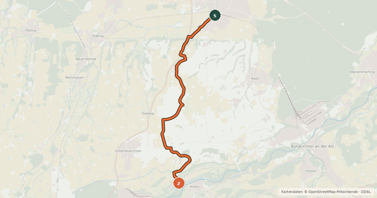 Kartenübersicht der Radroute Alz-Inn-Radweg Variante