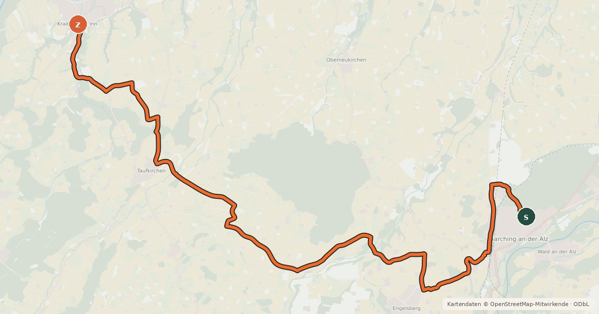 Kartenübersicht der Radroute Alz-Inn Radweg (Variante)