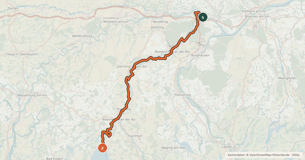 Kartenübersicht der Radroute Alz-Radweg